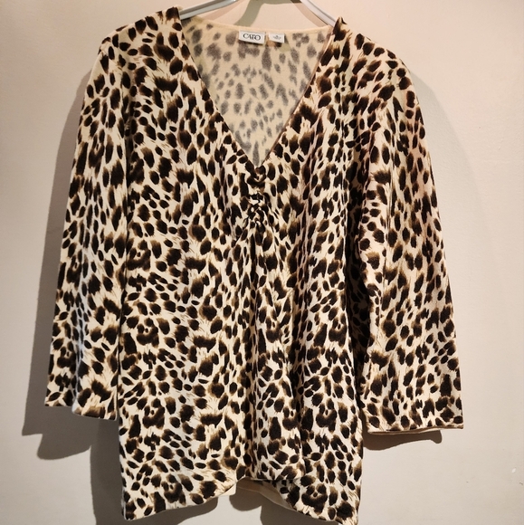 Sweaters - Animal Print Ruched V-Neck Sweater